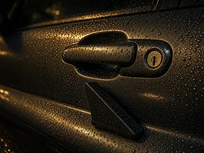 Car door handle and lock in the rain at night